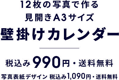 12枚の写真で作る見開きA3サイズ 壁掛けカレンダー 税込み990円 送料無料